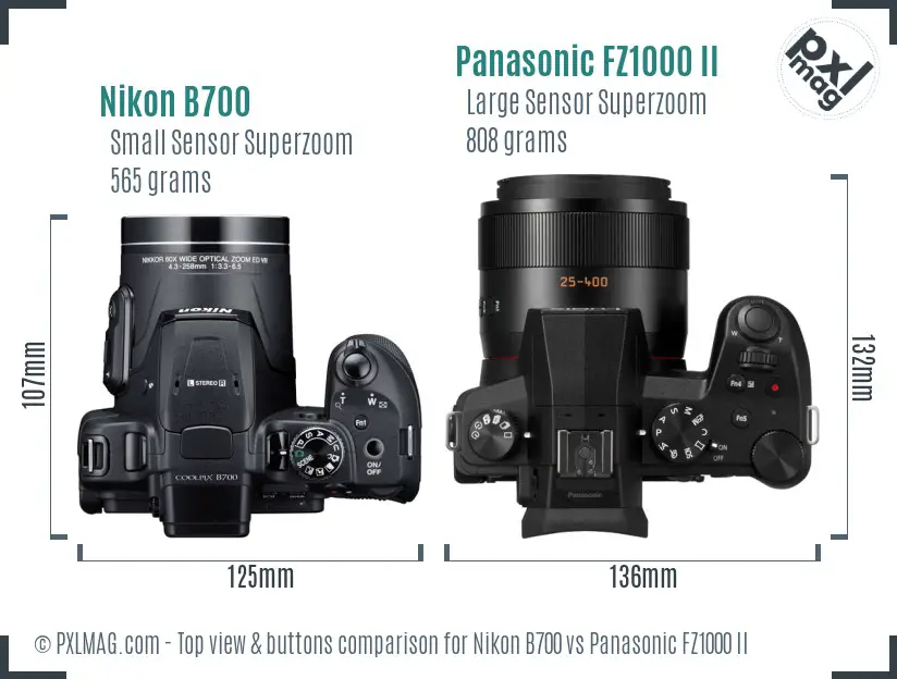 Nikon B700 vs Panasonic FZ1000 II top view buttons comparison