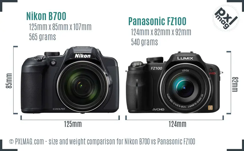 Nikon B700 vs Panasonic FZ100 size comparison