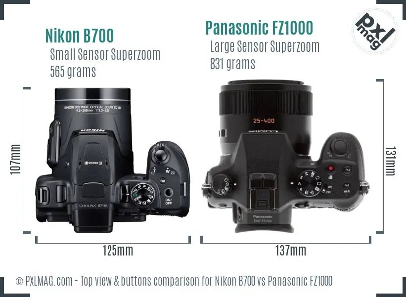 Nikon B700 vs Panasonic FZ1000 top view buttons comparison Nikon B700 vs Panasonic FZ1000 top view buttons comparison