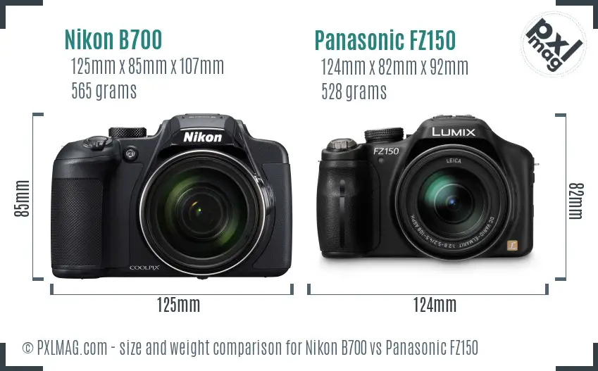 Nikon B700 vs Panasonic FZ150 size comparison