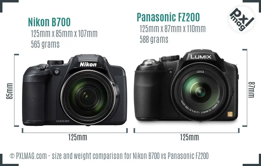 Nikon B700 vs Panasonic FZ200 size comparison