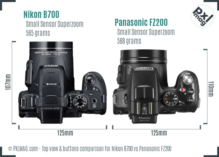 Nikon B700 vs Panasonic FZ200 top view buttons comparison