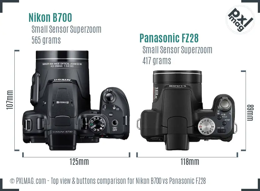 Nikon B700 vs Panasonic FZ28 top view buttons comparison