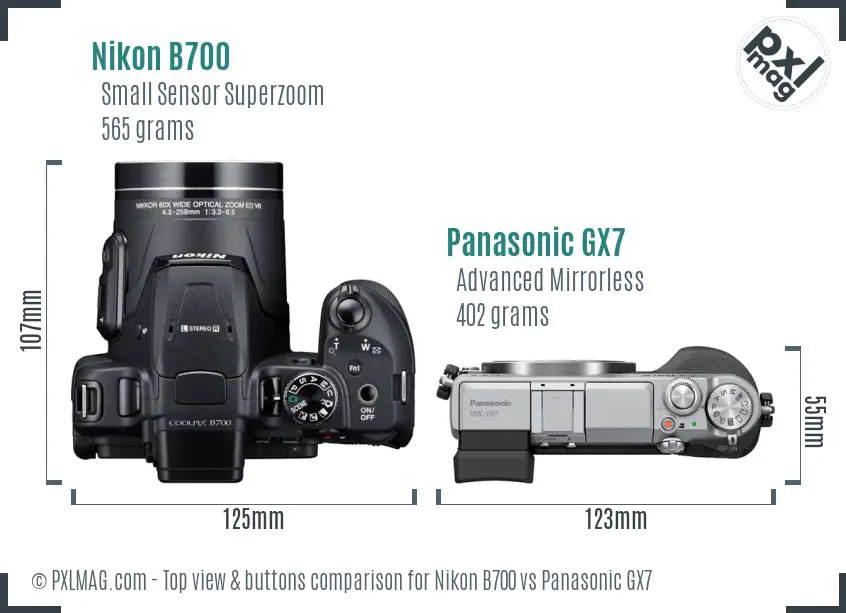 Nikon B700 vs Panasonic GX7 top view buttons comparison