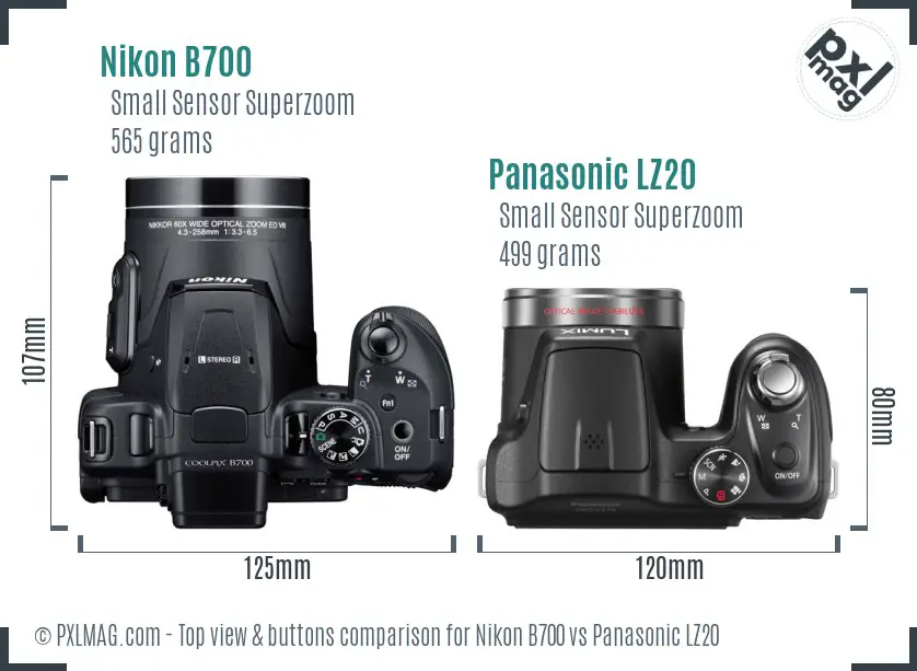 Nikon B700 vs Panasonic LZ20 top view buttons comparison