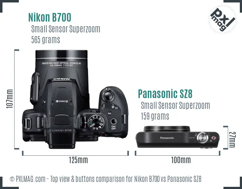Nikon B700 vs Panasonic SZ8 top view buttons comparison Nikon B700 vs Panasonic SZ8 top view buttons comparison