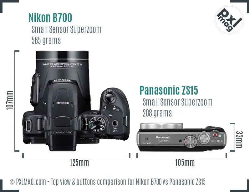 Nikon B700 vs Panasonic ZS15 top view buttons comparison Nikon B700 vs Panasonic ZS15 top view buttons comparison