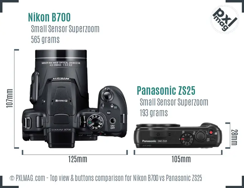 Nikon B700 vs Panasonic ZS25 top view buttons comparison