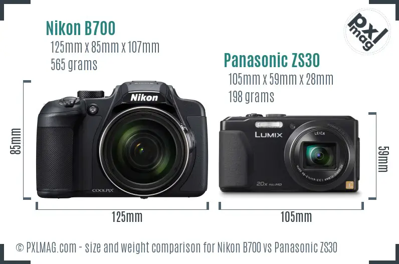 Nikon B700 vs Panasonic ZS30 size comparison