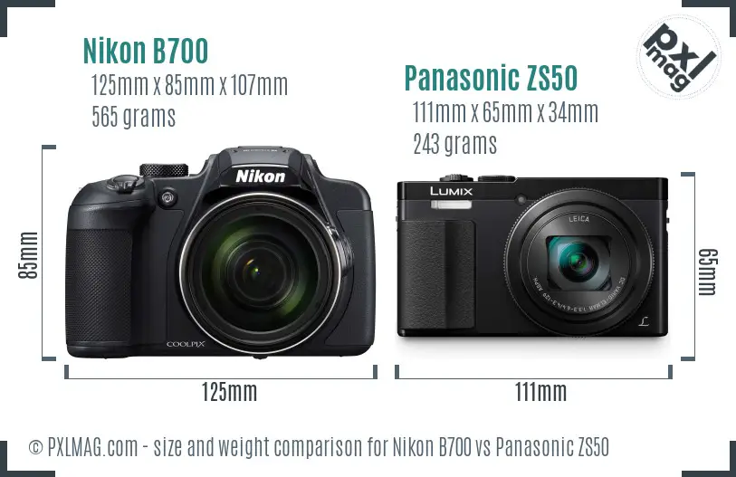 Nikon B700 vs Panasonic ZS50 size comparison