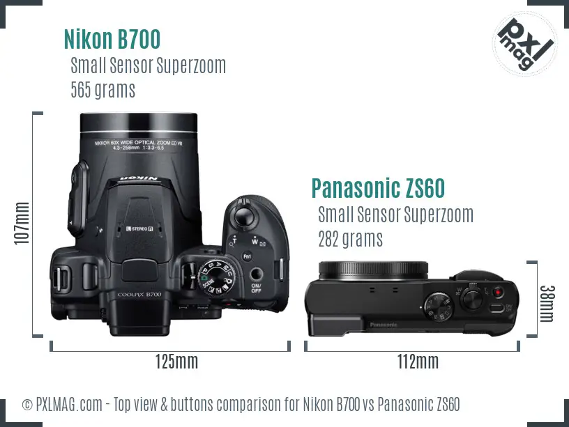 Nikon B700 vs Panasonic ZS60 top view buttons comparison
