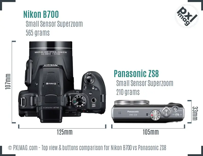 Nikon B700 vs Panasonic ZS8 top view buttons comparison