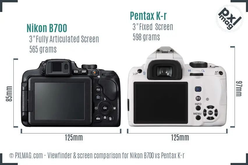 Nikon B700 vs Pentax K-r Screen and Viewfinder comparison