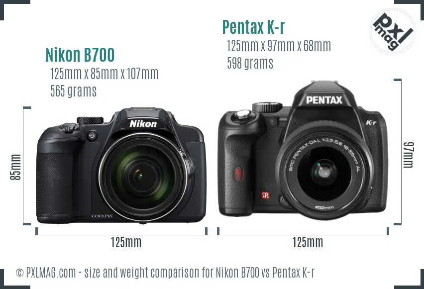 Nikon B700 vs Pentax K-r size comparison