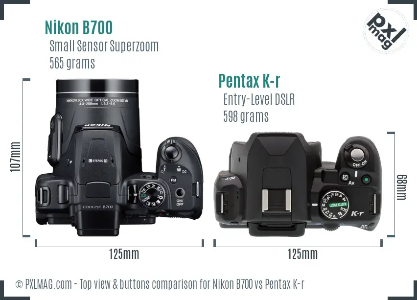 Nikon B700 vs Pentax K-r top view buttons comparison