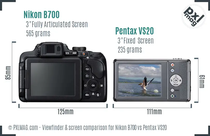 Nikon B700 vs Pentax VS20 Screen and Viewfinder comparison