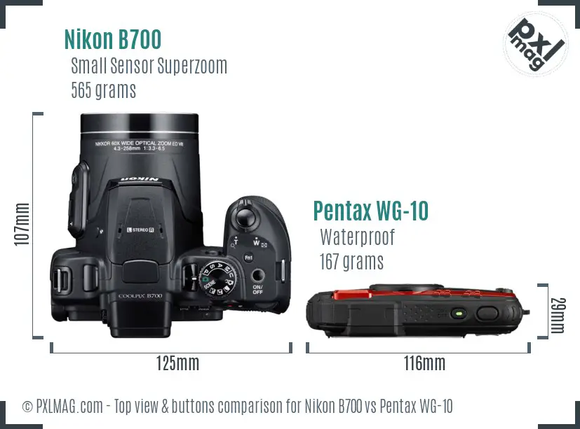 Nikon B700 vs Pentax WG-10 top view buttons comparison