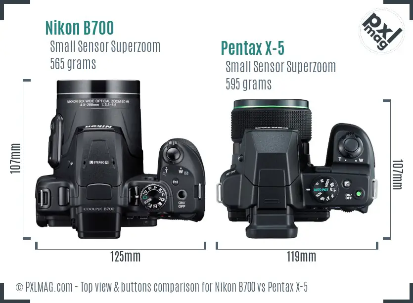 Nikon B700 vs Pentax X-5 top view buttons comparison