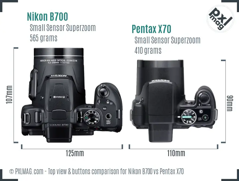 Nikon B700 vs Pentax X70 top view buttons comparison