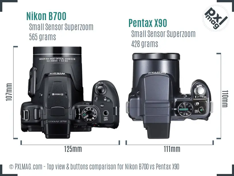 Nikon B700 vs Pentax X90 top view buttons comparison