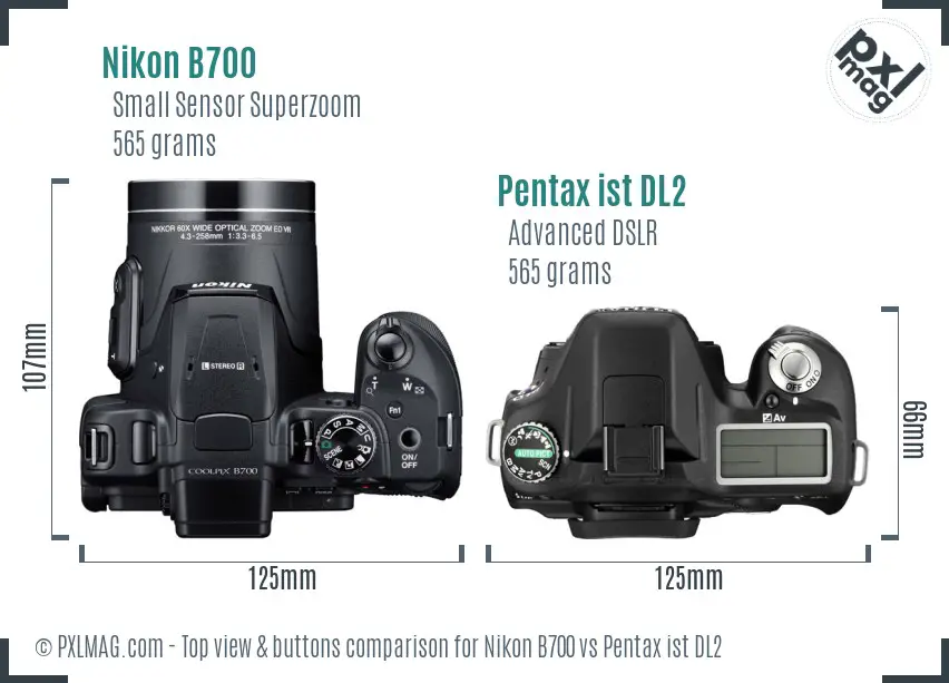Nikon B700 vs Pentax ist DL2 top view buttons comparison