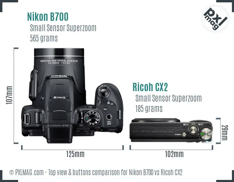 Nikon B700 vs Ricoh CX2 top view buttons comparison Nikon B700 vs Ricoh CX2 top view buttons comparison