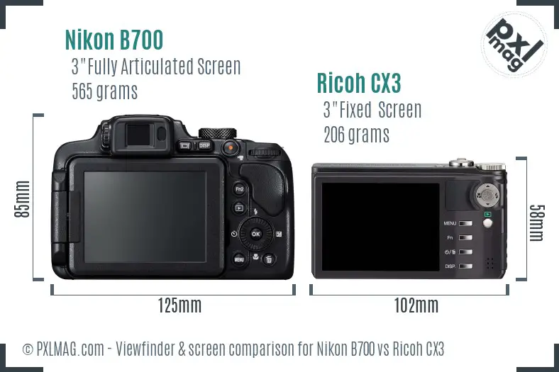 Nikon B700 vs Ricoh CX3 Screen and Viewfinder comparison