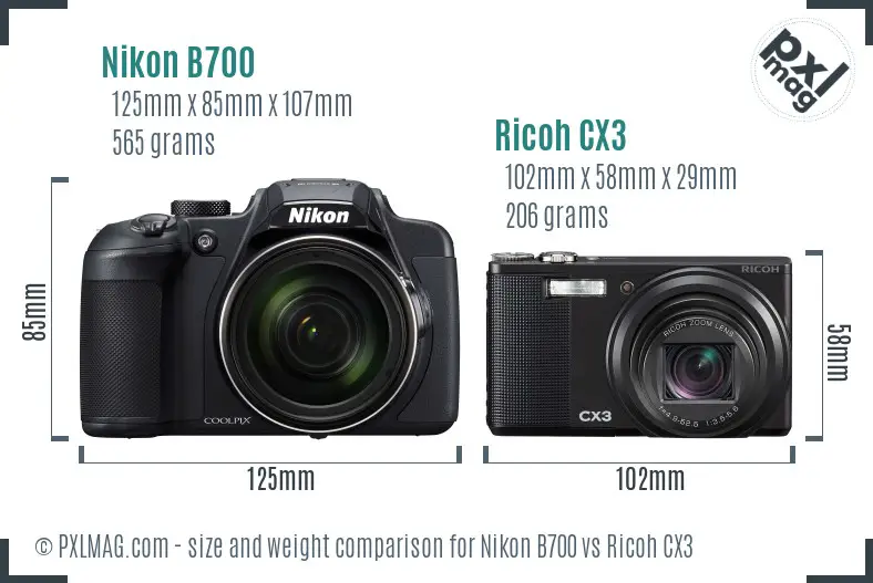 Nikon B700 vs Ricoh CX3 size comparison