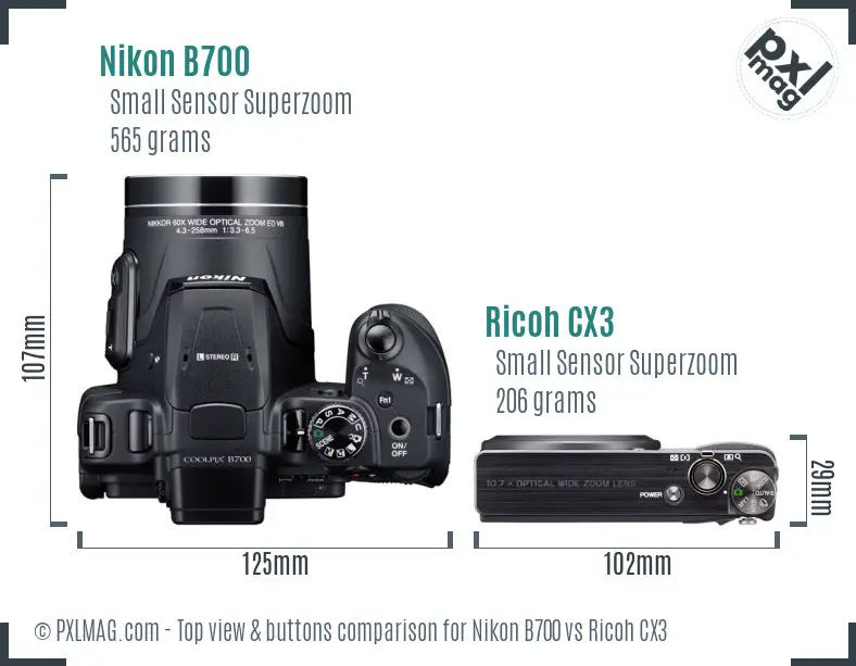Nikon B700 vs Ricoh CX3 top view buttons comparison