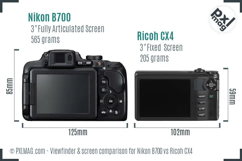 Nikon B700 vs Ricoh CX4 Screen and Viewfinder comparison