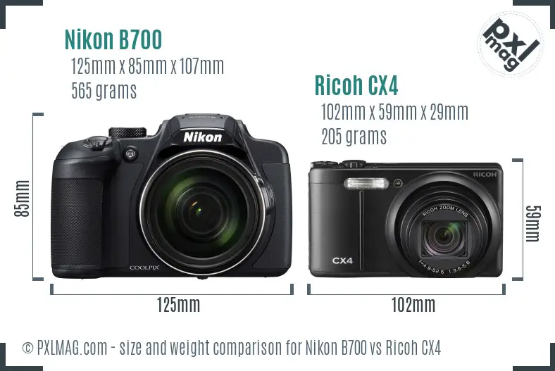 Nikon B700 vs Ricoh CX4 size comparison