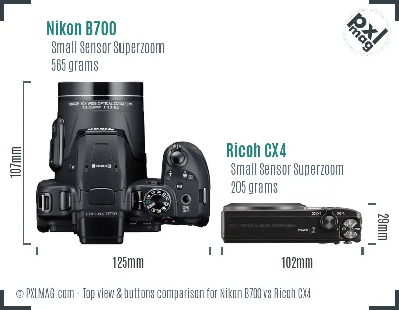 Nikon B700 vs Ricoh CX4 top view buttons comparison