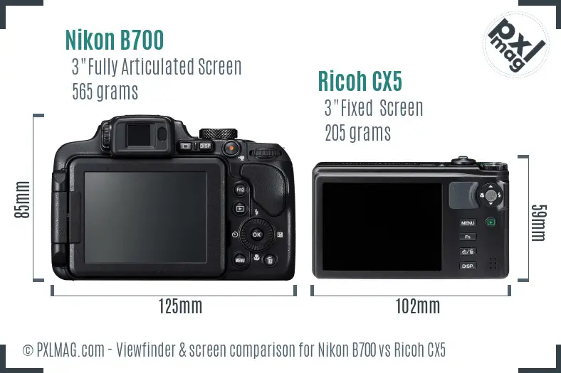 Nikon B700 vs Ricoh CX5 Screen and Viewfinder comparison