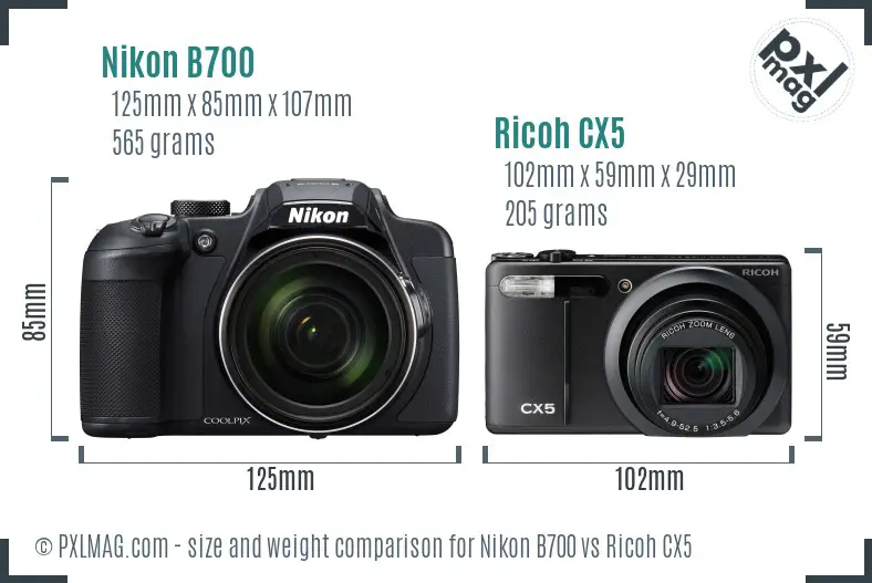 Nikon B700 vs Ricoh CX5 size comparison