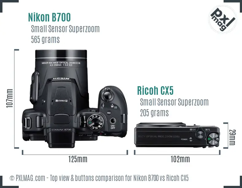 Nikon B700 vs Ricoh CX5 top view buttons comparison