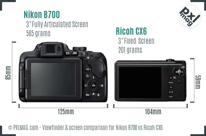 Nikon B700 vs Ricoh CX6 Screen and Viewfinder comparison