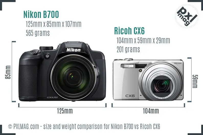 Nikon B700 vs Ricoh CX6 size comparison