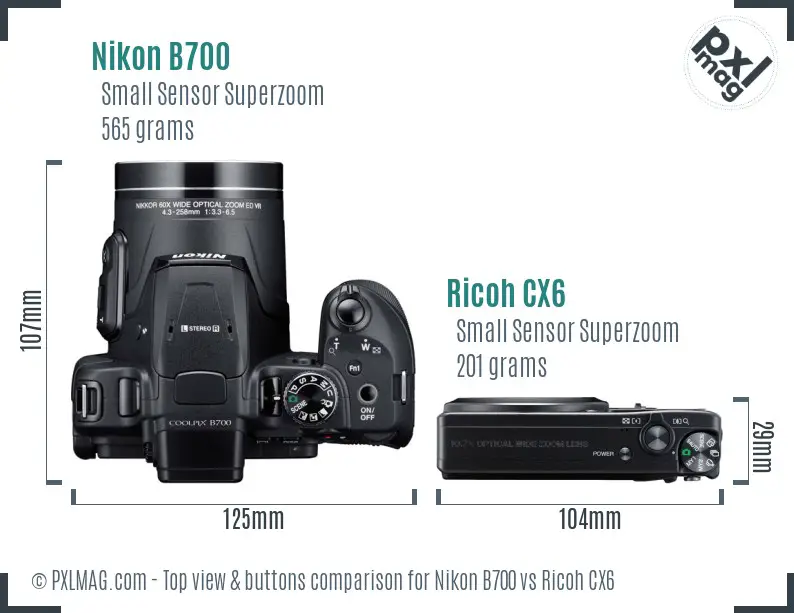 Nikon B700 vs Ricoh CX6 top view buttons comparison