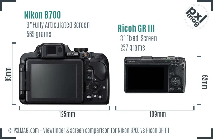 Nikon B700 vs Ricoh GR III Screen and Viewfinder comparison