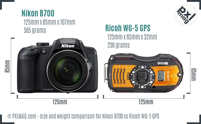 Nikon B700 vs Ricoh WG-5 GPS size comparison Nikon B700 vs Ricoh WG-5 GPS size comparison