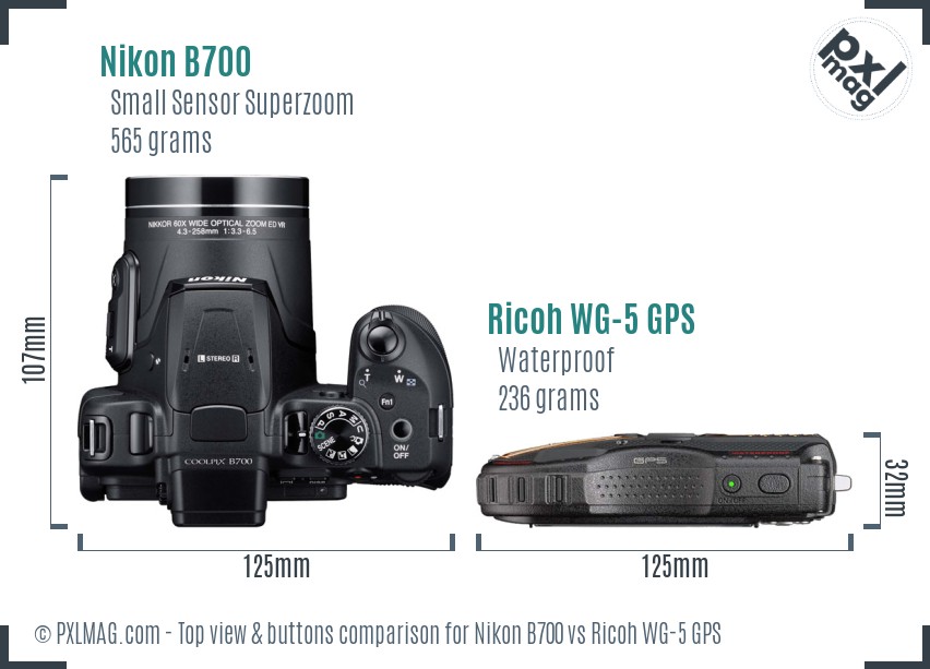 Nikon B700 vs Ricoh WG-5 GPS top view buttons comparison