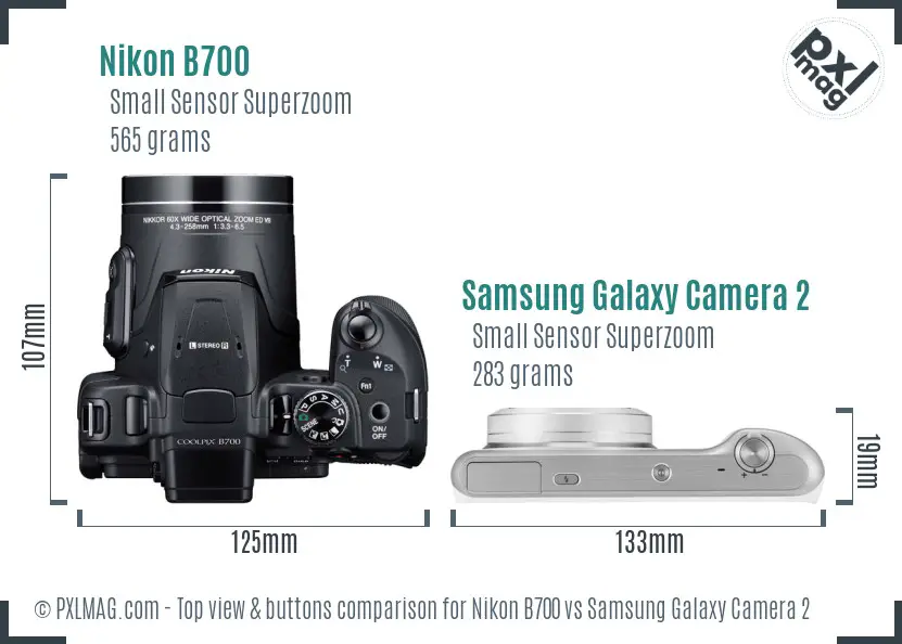 Nikon B700 vs Samsung Galaxy Camera 2 top view buttons comparison