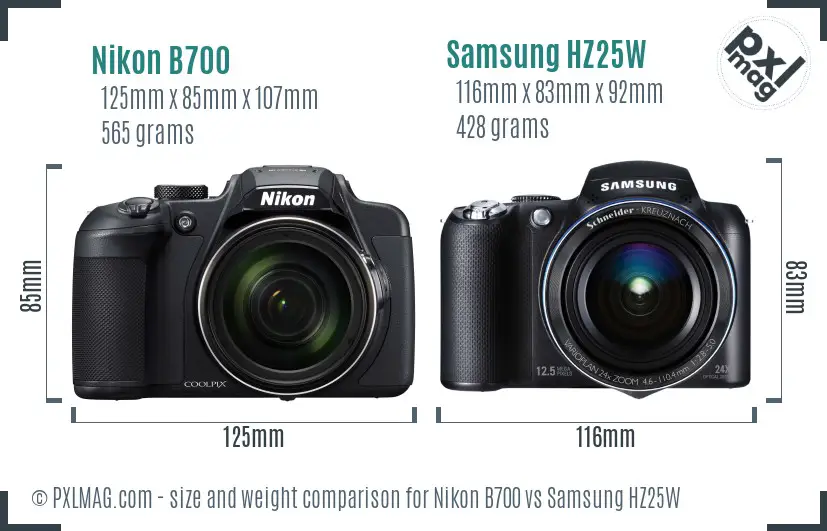 Nikon B700 vs Samsung HZ25W size comparison