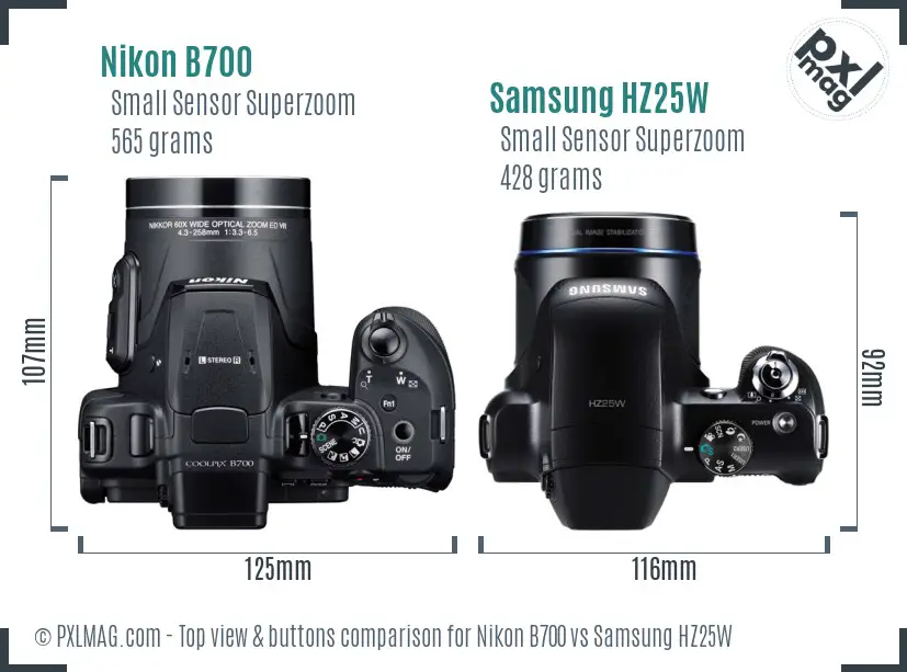 Nikon B700 vs Samsung HZ25W top view buttons comparison