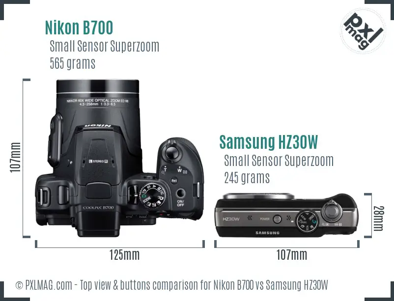 Nikon B700 vs Samsung HZ30W top view buttons comparison Nikon B700 vs Samsung HZ30W top view buttons comparison