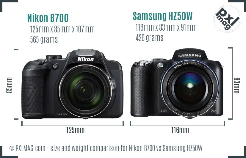 Nikon B700 vs Samsung HZ50W size comparison