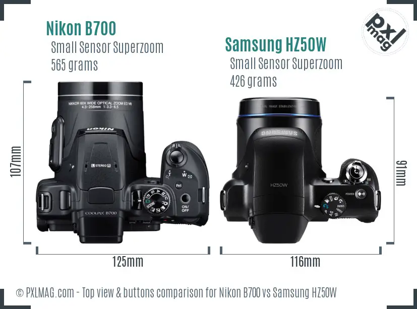 Nikon B700 vs Samsung HZ50W top view buttons comparison