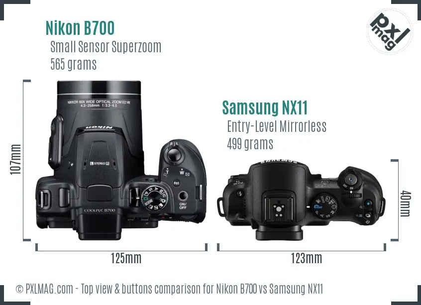 Nikon B700 vs Samsung NX11 top view buttons comparison