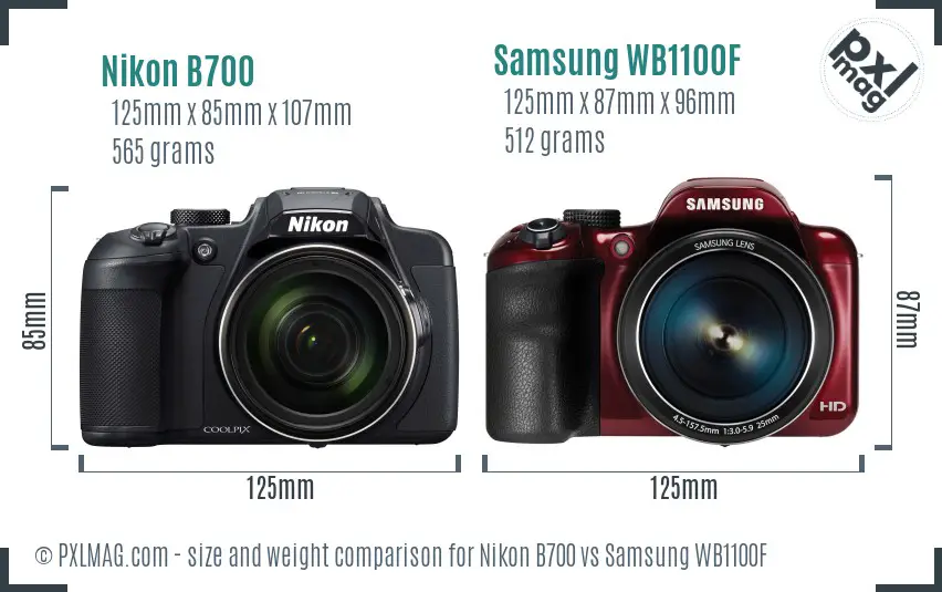 Nikon B700 vs Samsung WB1100F size comparison