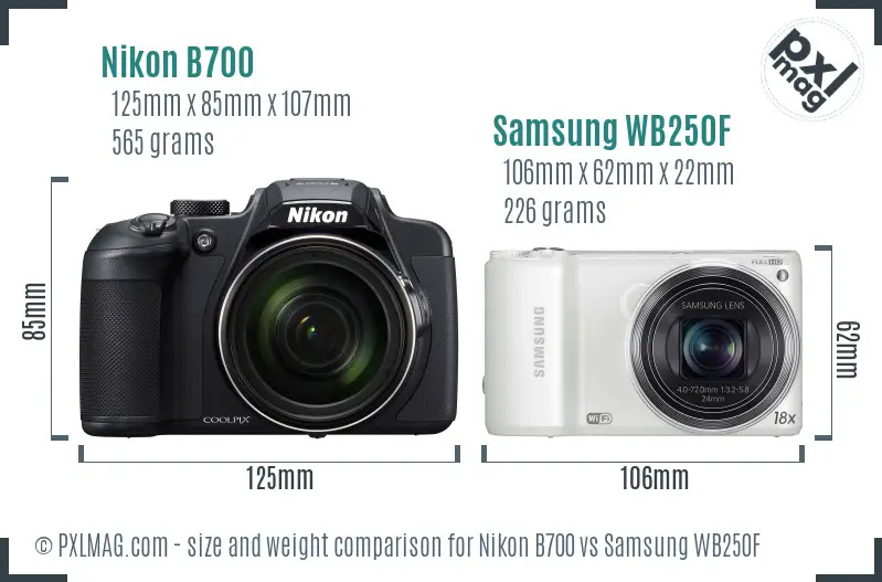 Nikon B700 vs Samsung WB250F size comparison